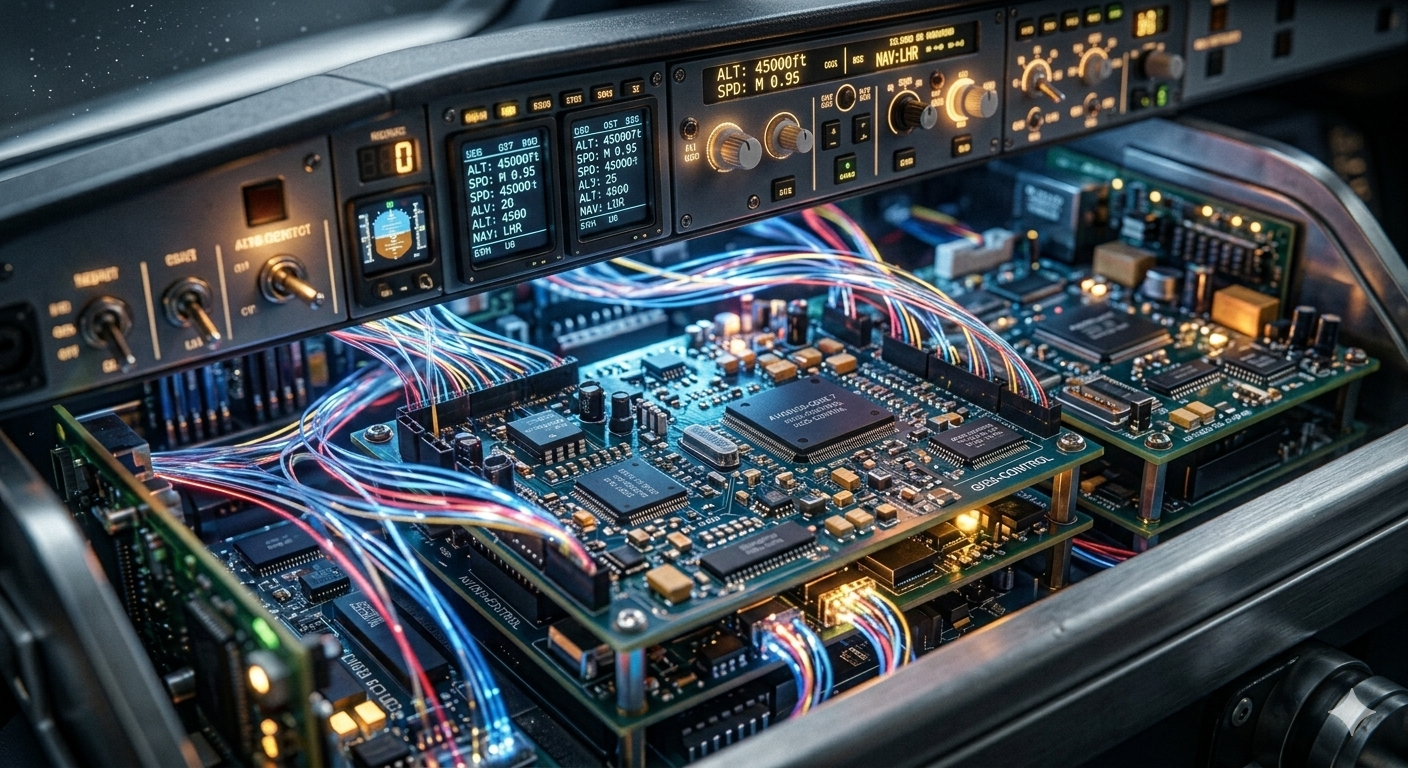 Macro photography of glowing complex avionics circuit boards, fiber optics, airplane cockpit instrumentation, cinematic futuristic lighting.